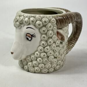 Vintage Ceramic Ram/Sheep Head Mug Planter Vase 3D Detail Swirling Wool Design
